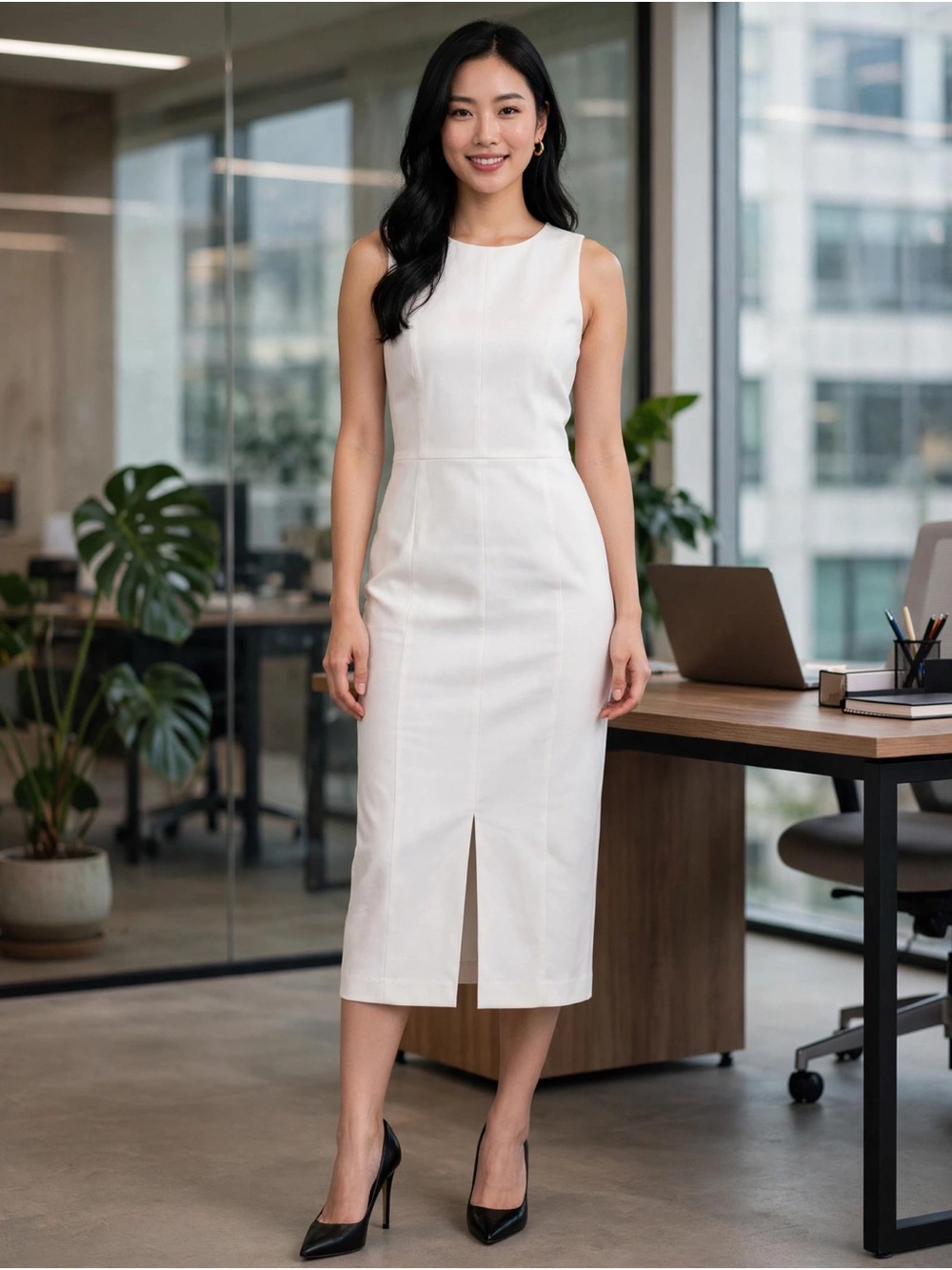 Ann Taylor Linen Blend Sleeveless White Sheath Midi Dress with Front Slit